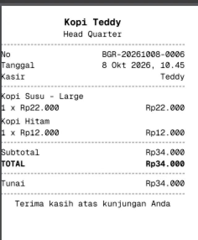 Contoh struk transaksi kasir cafe dari R3G Software POS untuk toko fiktif Kopi Teddy