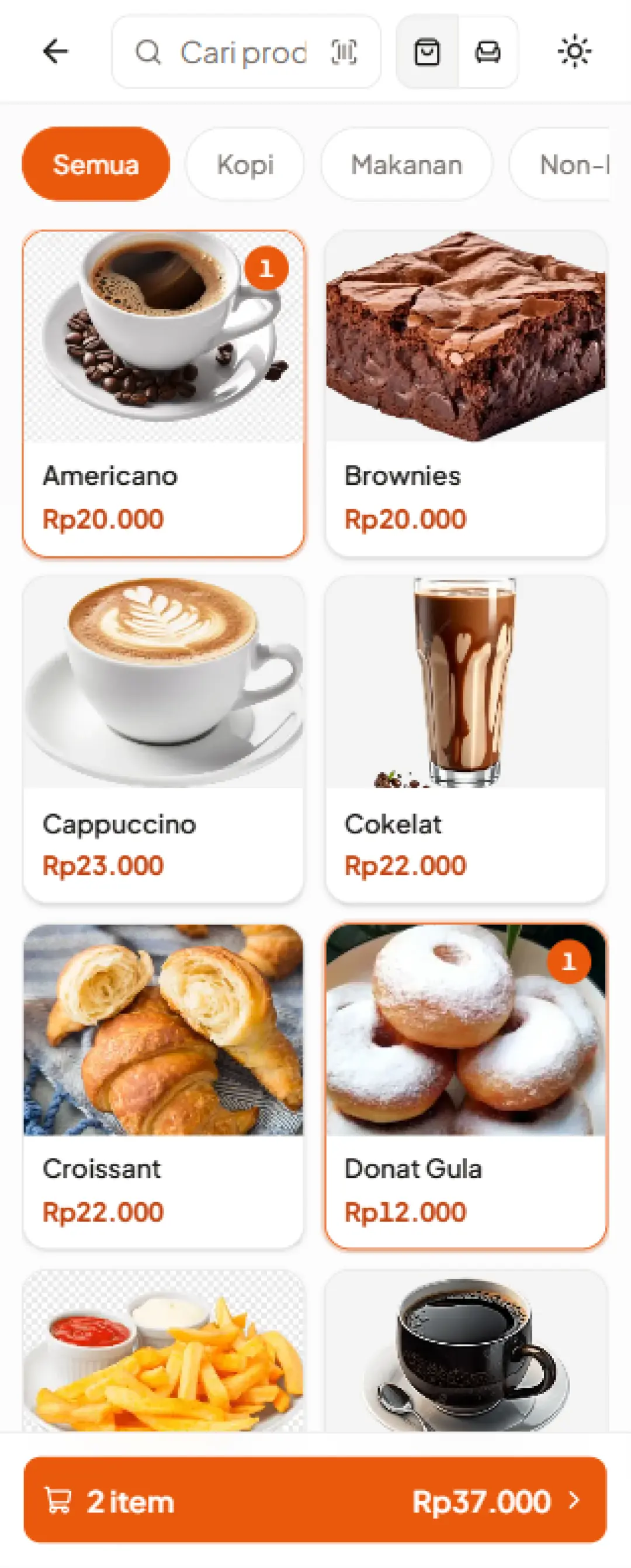 Aplikasi kasir R3G Software POS di HP: daftar menu cafe dan tombol checkout